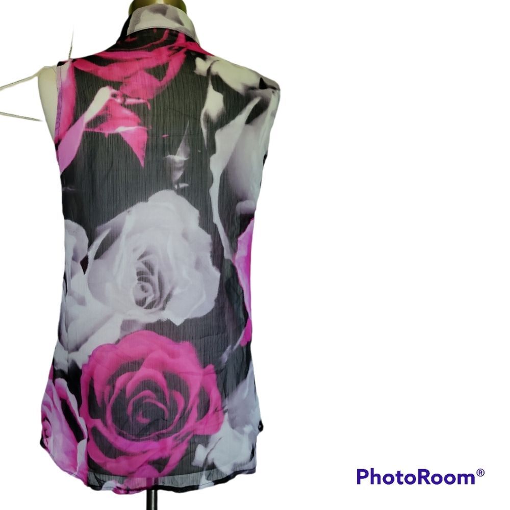 *FEVER* SHEER ROSE SLEEVELESS BUTTON FRONT TOP - M - Picture 6 of 10